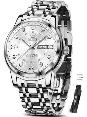 Men's All Silver Stainless Steel Luminous Quartz Waterproof Dimond Classic Watch